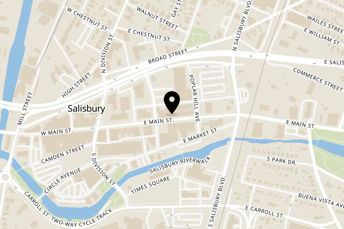Map showing the location of MoJo's Urban Eatery on 213 E Main St in Salisbury
